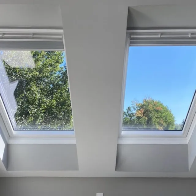 Two skylight windows in a white ceiling, showing blue sky and green trees outside
