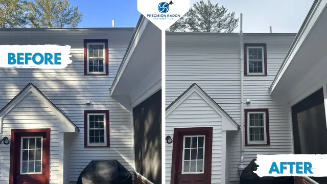 Side of a white two-story house with windows trimmed in maroon, before and after cleaning. The 'before' side shows dirt and grime, while the 'after' side shows a clean surface.