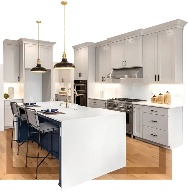Luxury custom kitchen cabinetry design featuring white shaker cabinets and a navy blue island in Nashua, NH.
