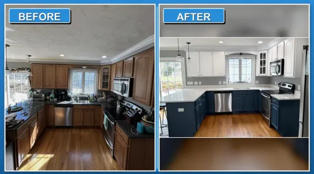 Kitchen renovation comparison showing before and after remodeling with updated cabinetry and modern finishes