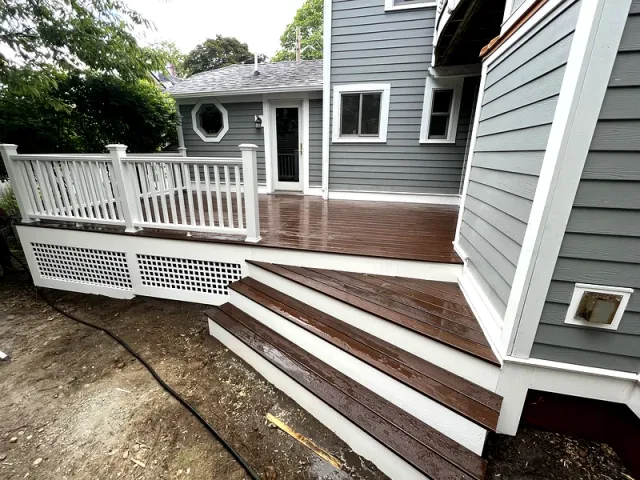 Freshly stained deck and cascading steps
