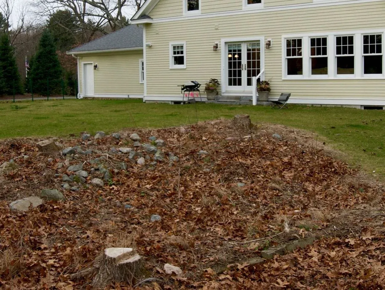 Backyard with building, soil, rocks, and fallen leaves in autumn.