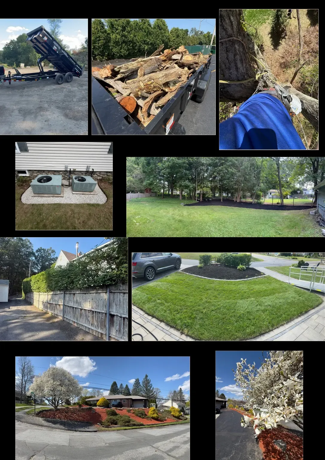 Collage of completed Thoren Landcare tree, lawn, landscape, mulch, pruning, and property-care projects
