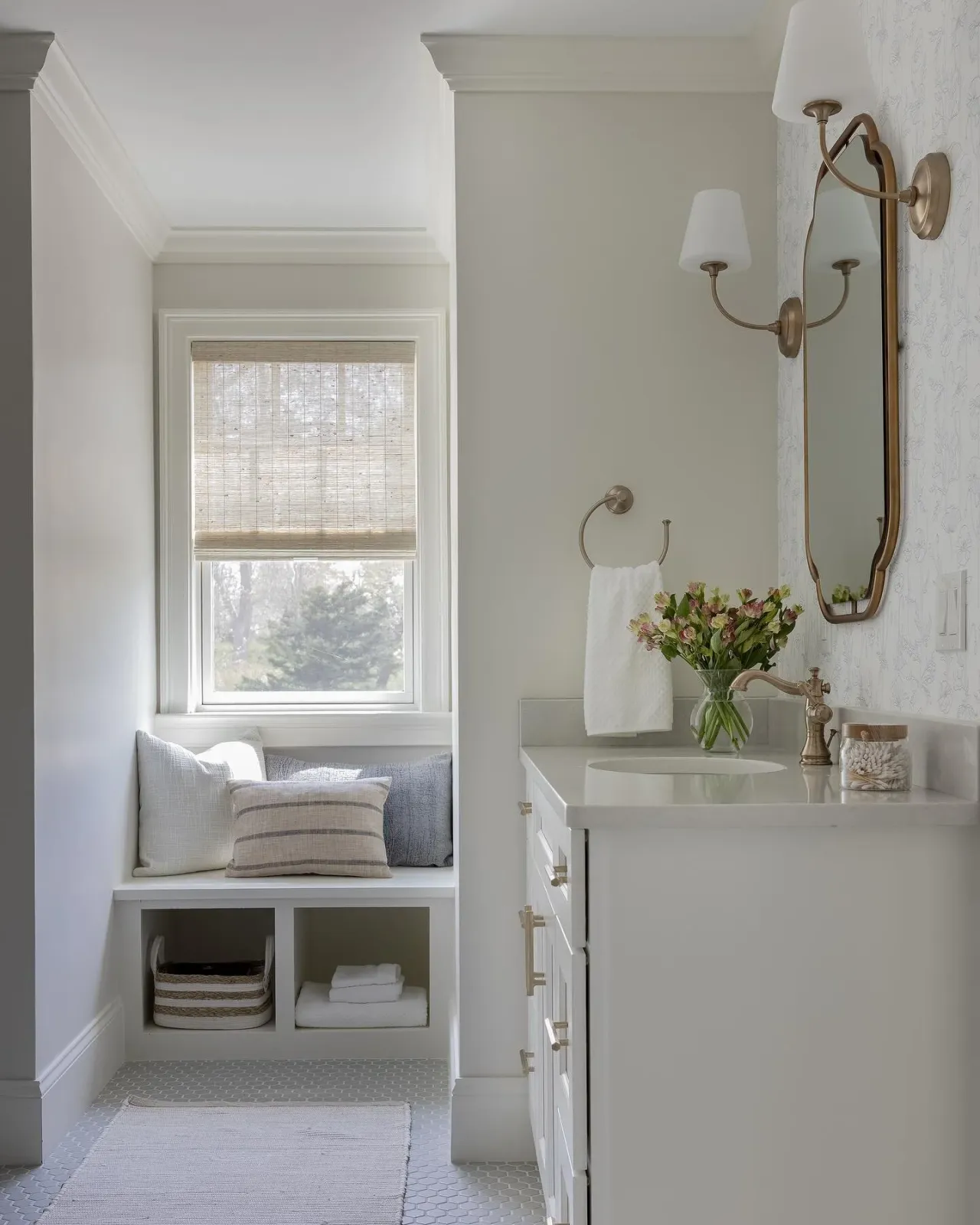 My favorite girl&rsquo;s bath was from our Barrington New Build Project. 
.
I love the simplicity, subtle curves, textures &amp; layering of patterns. Girly, classy, elegant. 💗
.
Builder: Meridian Custom Homes
Cabinetry: Riley Kitchens &amp; Bath
📸