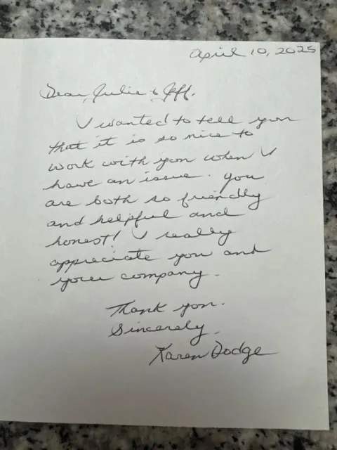 Handwritten thank you note:
