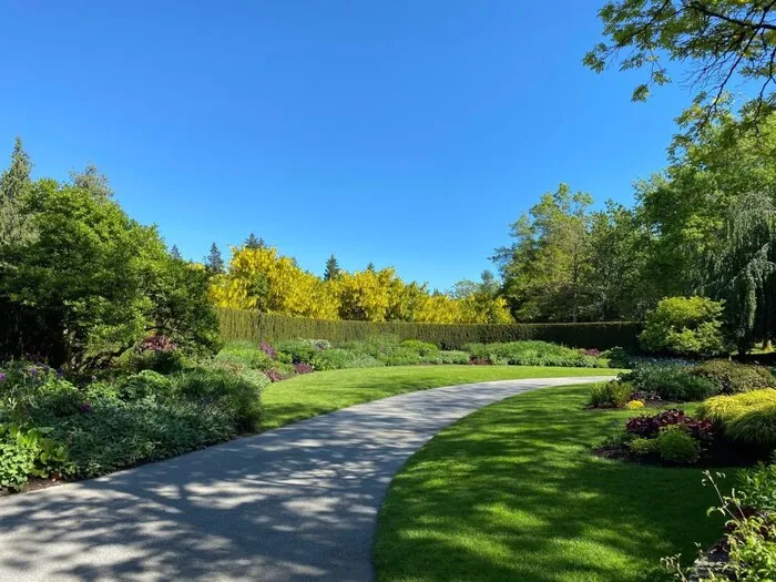 Curved garden pathway through manicured lawn, shrubs, and trees under a clear blue sky