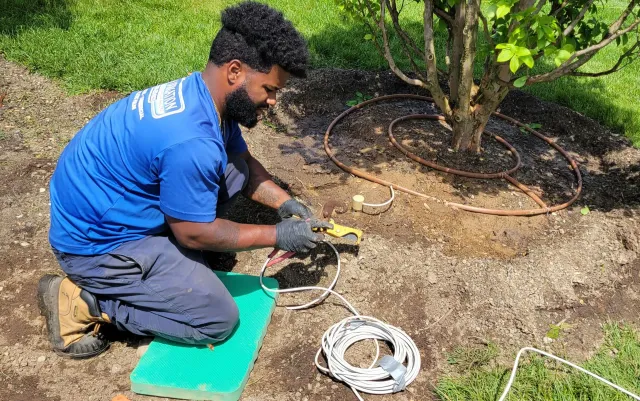 A man in a blue shirt is kneeling down in the dirt.