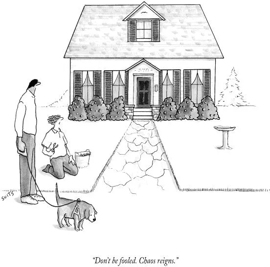 Cartoon front yard with two men and dog