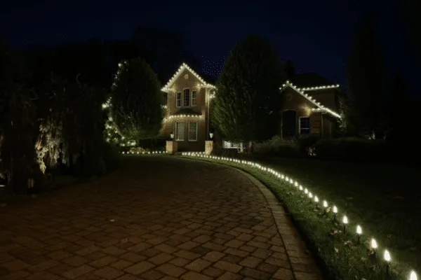 Elegant home at night adorned with outdoor lighting and Christmas lighting, outlining the roof and driveway for a festive and welcoming ambiance.