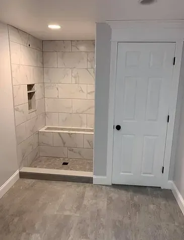 before after all marble shower walkin nh best looking bathroom marble tile shiplap ceiling floor walls storage space niche black tan white grey drain shower fixtures plumbing rainfall design bpr llc contractor tiler installer repair