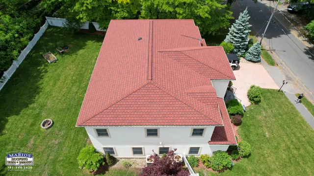 CertainTeed Carriage House Georgian Brick asphalt shingle roof installed on a Lynnfield, MA Mediterranean estate, view 8 of 9