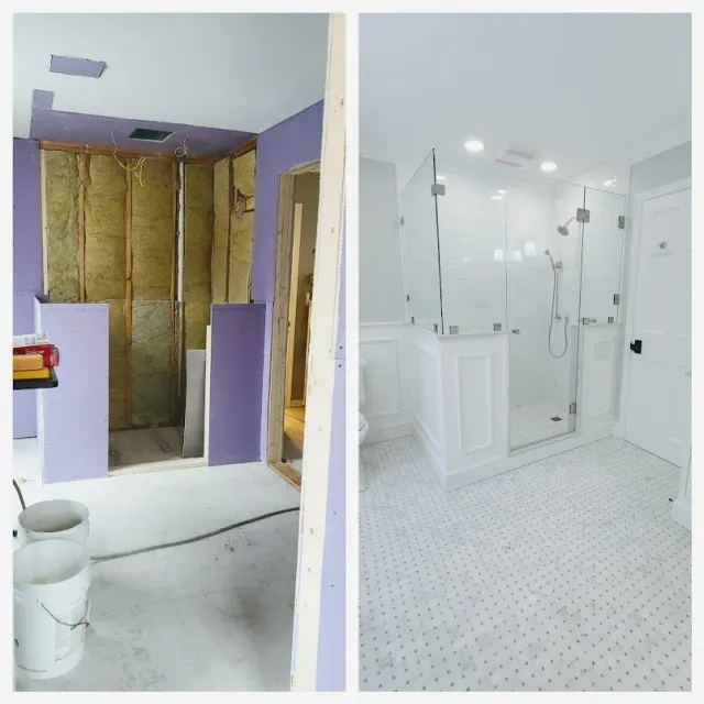Bathroom renovation in Hanover, NH. New shower build, drywall install, insulation install, tile install, trim install, wainscotting install, interior painting, and new fixtures throughout.