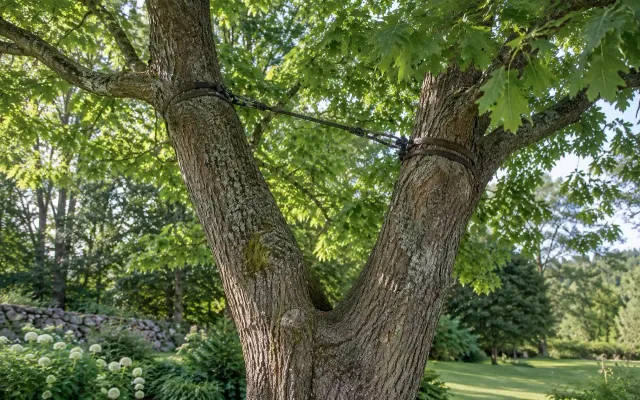 Oak fork with support hardware high in the canopy
