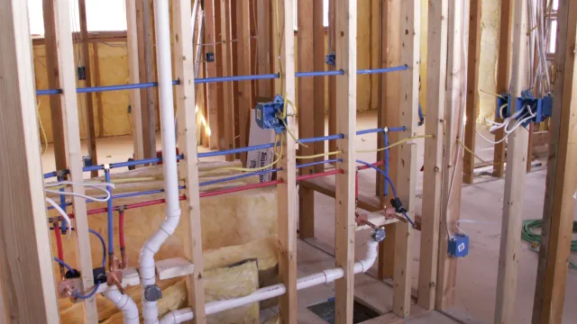 Interior view of wooden studs with exposed plumbing and electrical wiring in a construction setting.