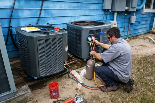 Air conditioning units with toolbox and gloves in backyard.