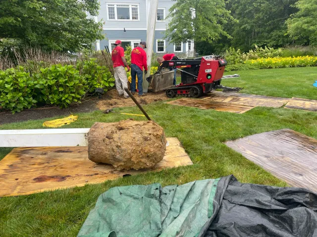 Workers in red shirts installing a large object in a residential garden using machinery, with plywood sheets protecting the grass.