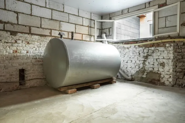 Large metal tank on wooden pallet inside unfinished room with brick and block walls.