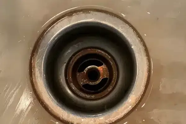 Close-up of a rusty metal sink drain surrounded by water in a white sink.