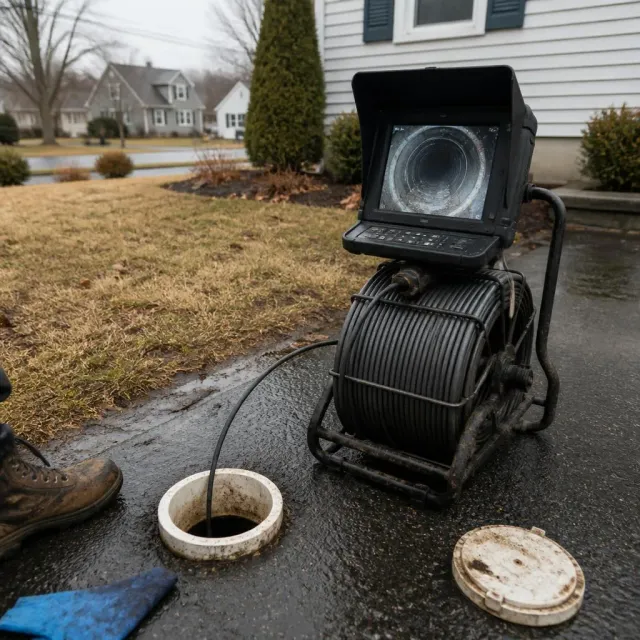 Sewer inspection camera reel and monitor at a driveway cleanout