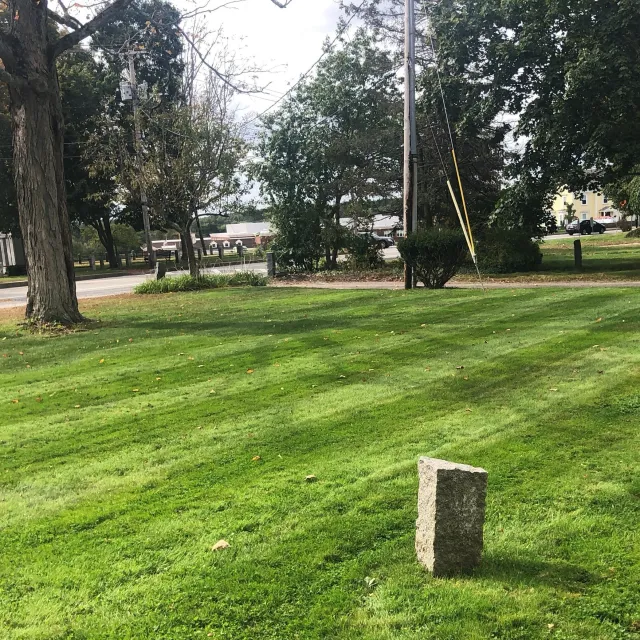 Lush green lawn with a stone marker, surrounded by trees and utility poles, adjacent to a road with cars in the distance.