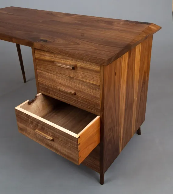 Custom walnut desk with open drawer and live edge detail in Central Connecticut by Riverbend Renovations