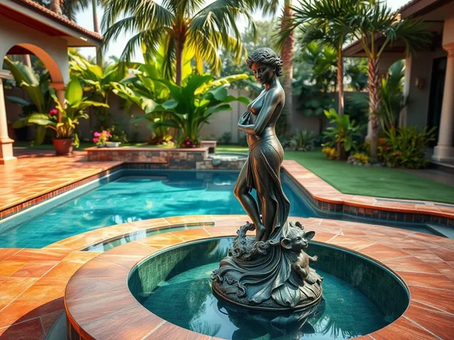Luxury backyard in Honolulu, Hawaii featuring Double W-85 synthetic turf beside a pool with a bronze statue and tropical landscaping.