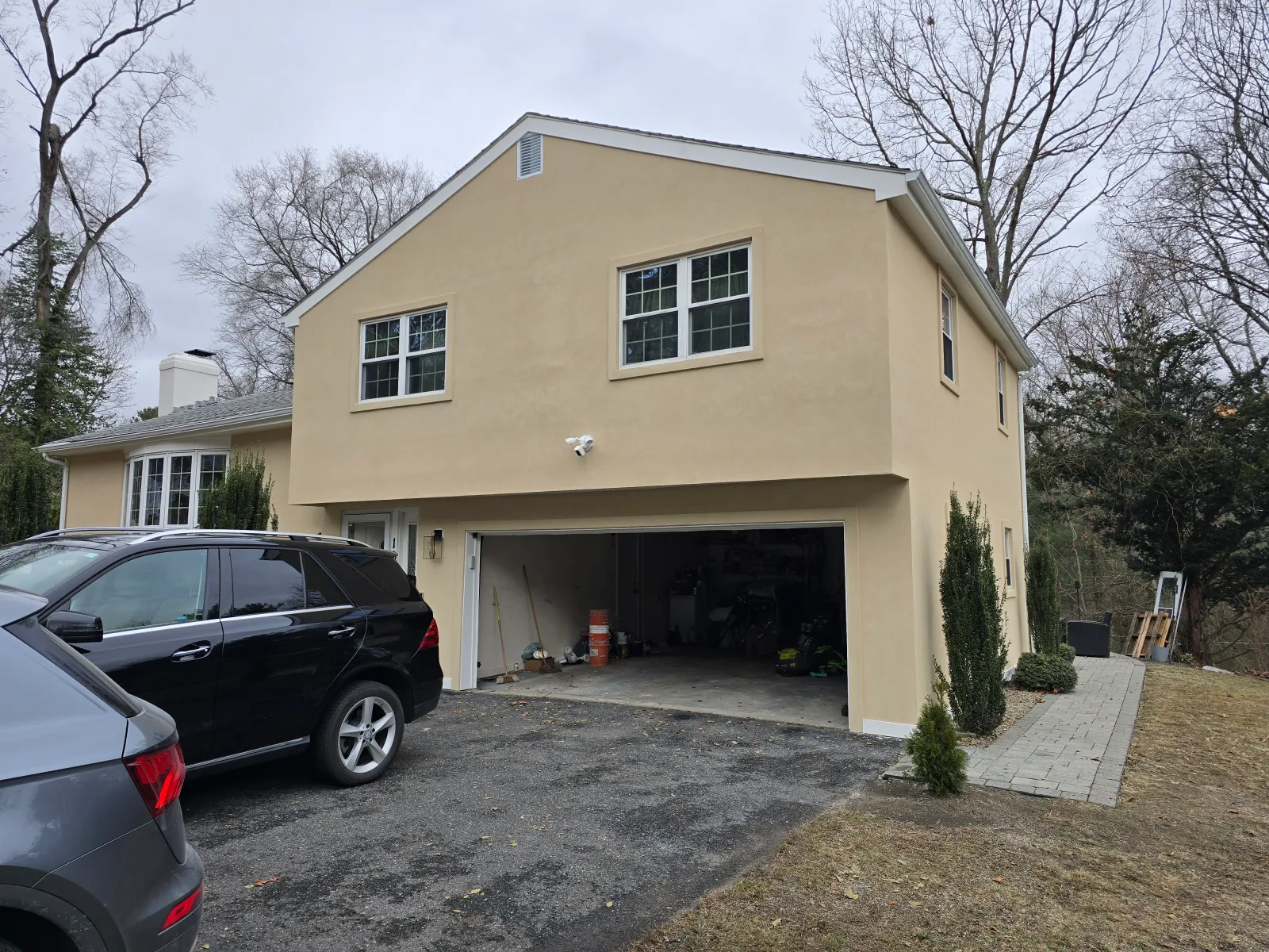 Completed stucco exterior and garage