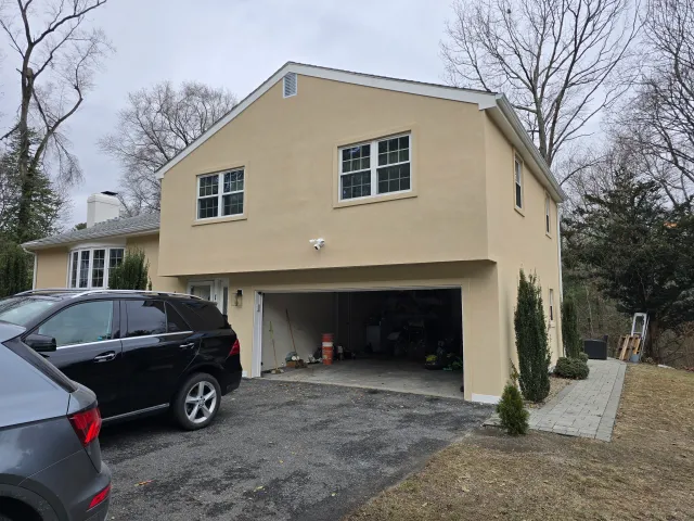 Completed stucco exterior and garage