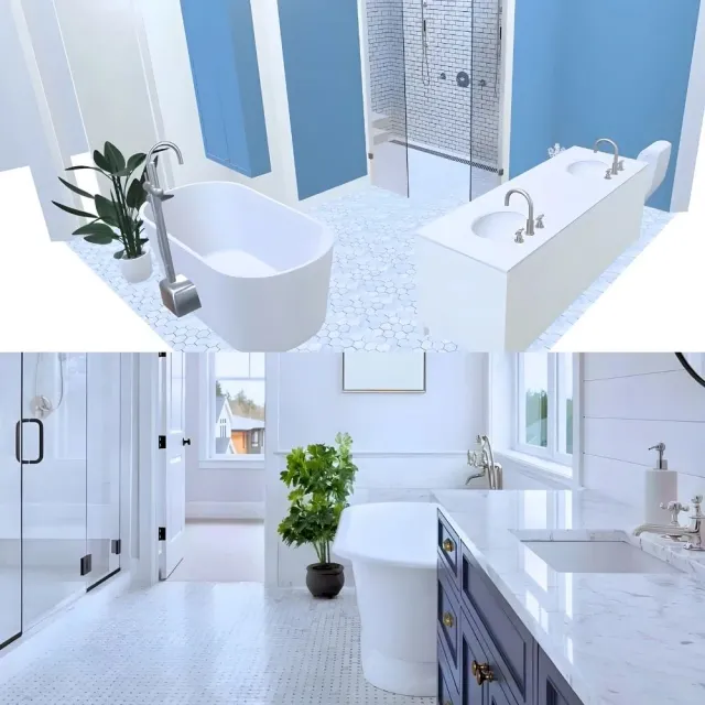 Bright modern white-and-blue bathroom with tub, shower, double vanity, and potted plants
