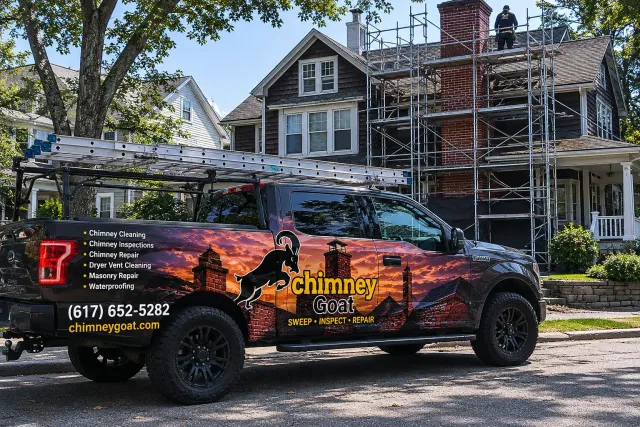 Chimney Goat branded truck parked outside a Quincy home with crew working on a chimney rebuild on scaffolding