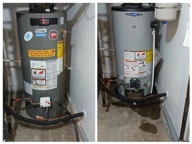 Two views of a water heater in a concrete-floored utility room. Water is visible on the floor near the base of the heaters.