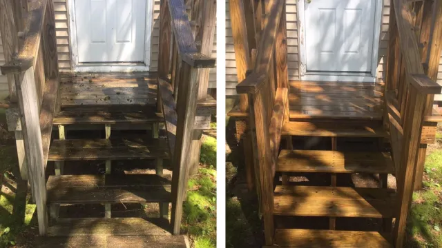Comparison of a wooden staircase before and after cleaning and staining, showing the transformation from weathered, dirty wood to finished, stained wood.