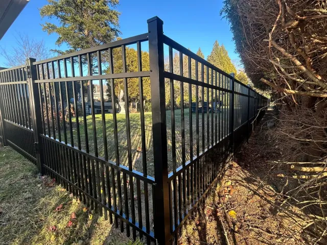 Black metal fence in a yard, with vertical bars and a corner post, on a sunny day.