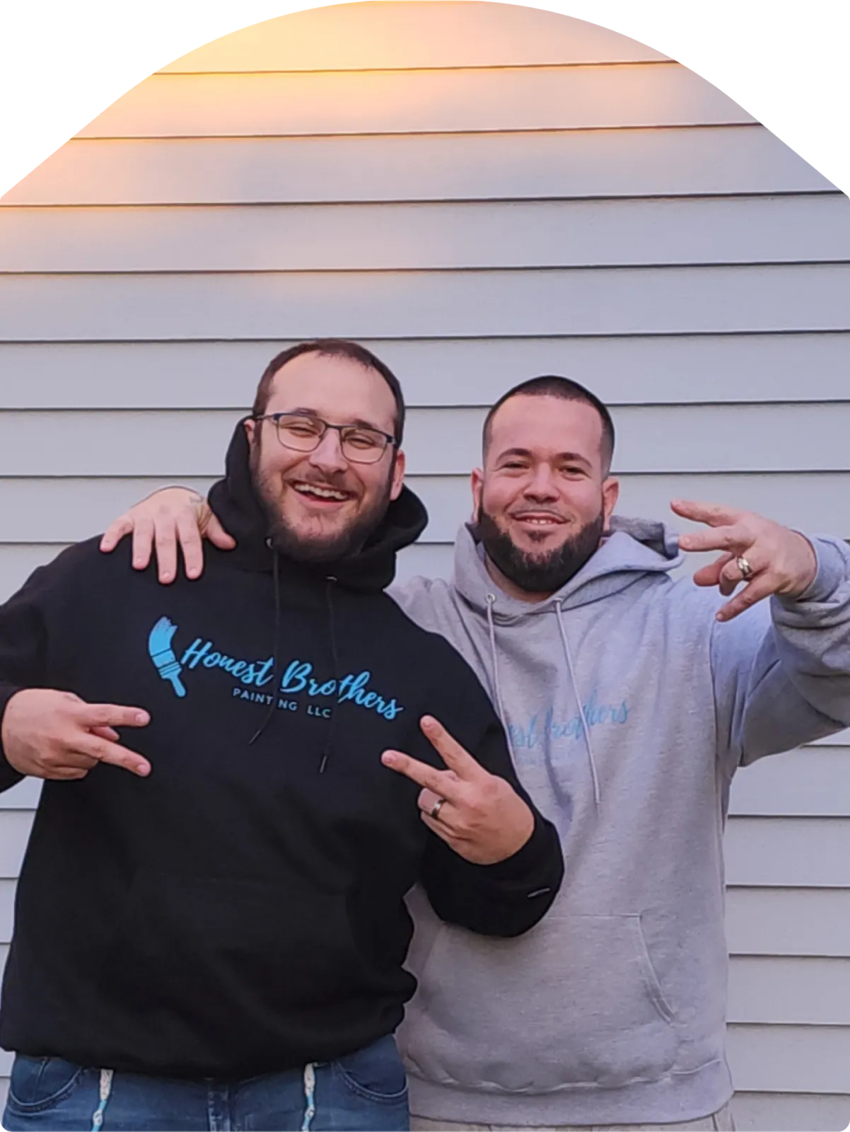 Reps of Honest Brothers Painting LLC, smiling and posing together in branded hoodies, proudly representing their painting business in Southern New Hampshire.