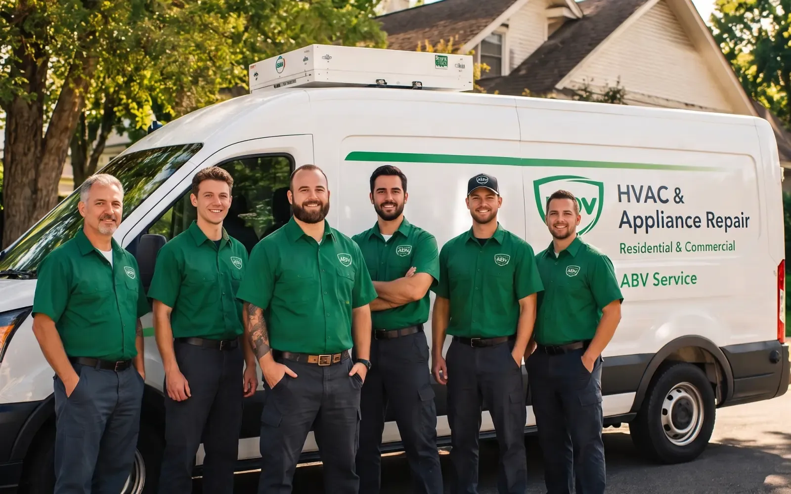 ABV Boston HVAC and appliance repair technicians standing beside a branded service van