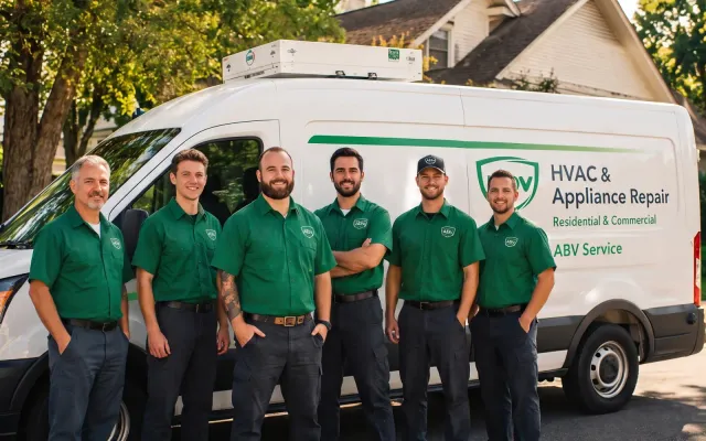ABV Boston HVAC and appliance repair technicians standing beside a branded service van