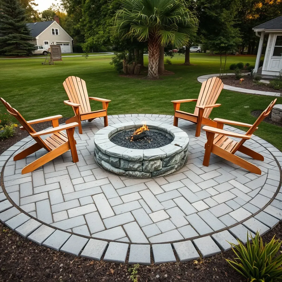 Finished paver patio with fire pit built by Giachetto Landscape in Whitman, MA