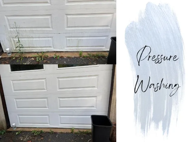 Garage door after pressure washing, showing removal of buildup, stains, and mildew
