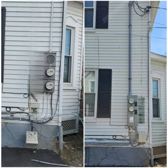 Two-panel view of a white building exterior. Electrical meters and conduit are visible on the siding.