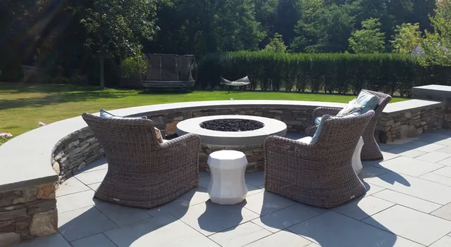 Circular outdoor patio arranged for gathering and entertaining