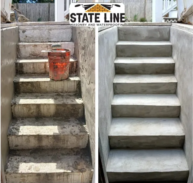 Before and after comparison of concrete steps. Left: rough steps. Right: smooth, newly poured steps.