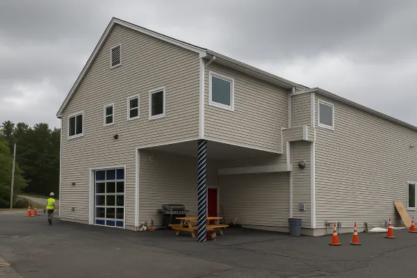Commercial building with beige siding, an overhead garage door, and a striped support column next to a parking lot.