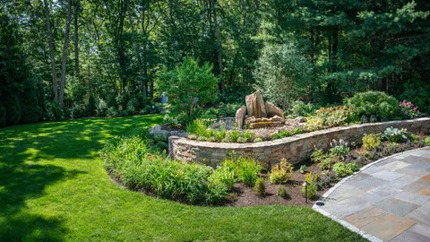 water features, custom outdoor space, landscape design, landscape architecture, natural stone walls