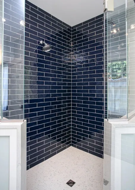 Navy subway tile walk-in shower