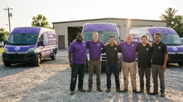 The SOS Plumbing & Heating crew outside the West Warwick shop with their service vans