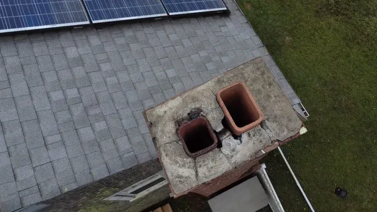 Cracked chimney crown photographed from above by drone on Cape Cod