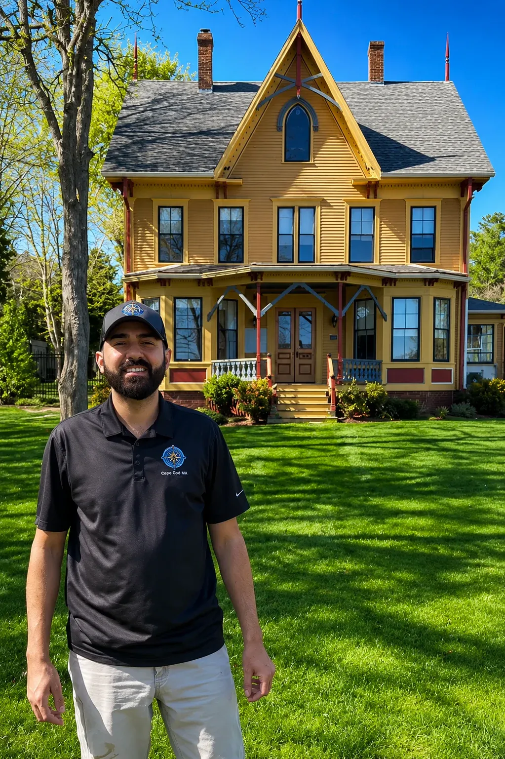 Owner Ivan Junior of Compass Painting standing in front of a historic Cape Cod home in Hyannis MA