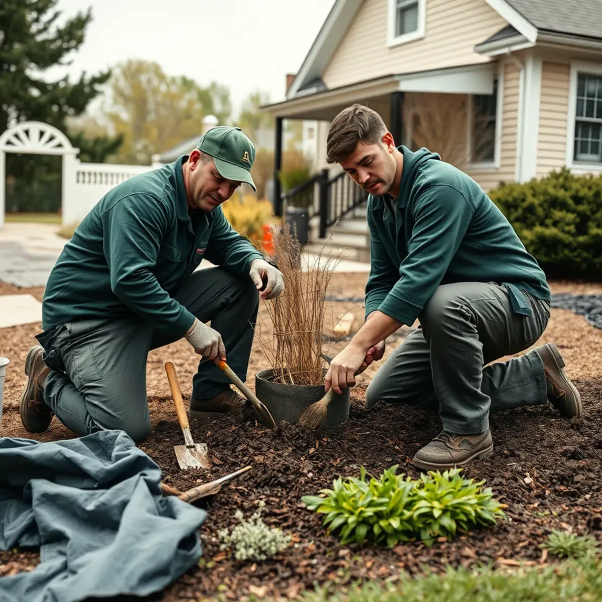Giachetto Landscape crew clearing and mulching a garden bed at a Whitman, MA home