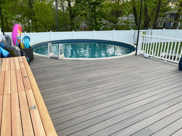 Pool Wrapping Deck,  Custom Bench & Rock Climbing Wall