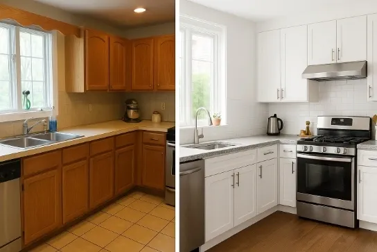 Before and after kitchen remodeling by A. Mass Flooring & Tile showing modern cabinetry and countertops in Massachusetts home